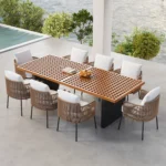 Garten-Essgruppe Grida mit 8 Teakholz- und Polyrattan-Stühlen – 9-teilig