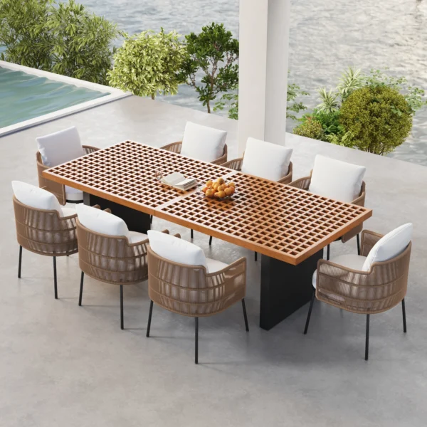 Garten-Essgruppe Grida mit 8 Teakholz- und Polyrattan-Stühlen – 9-teilig