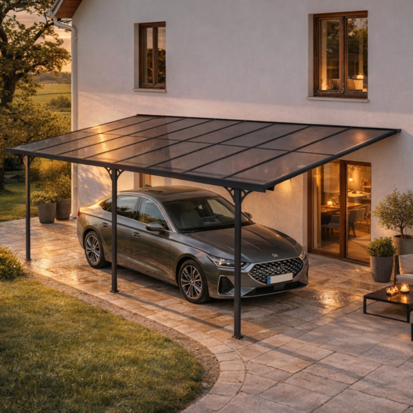 Anbau-Carport aus Aluminium 5 × 3 m (15 m²) mit Polycarbonatdach 6 mm, UV-beständig, Anthrazitgrau – KLEO