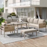 Gartenmöbel-Set mit Tischplatte aus gehärtetem Glas inklusive Sitz- und Rückenkissen – Beige – Image 2