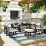 Gartenmöbel-Set aus Metall für 6 Personen – Tisch + 4 Sessel + 2 Hocker – Weiß und Schwarz – Image 12