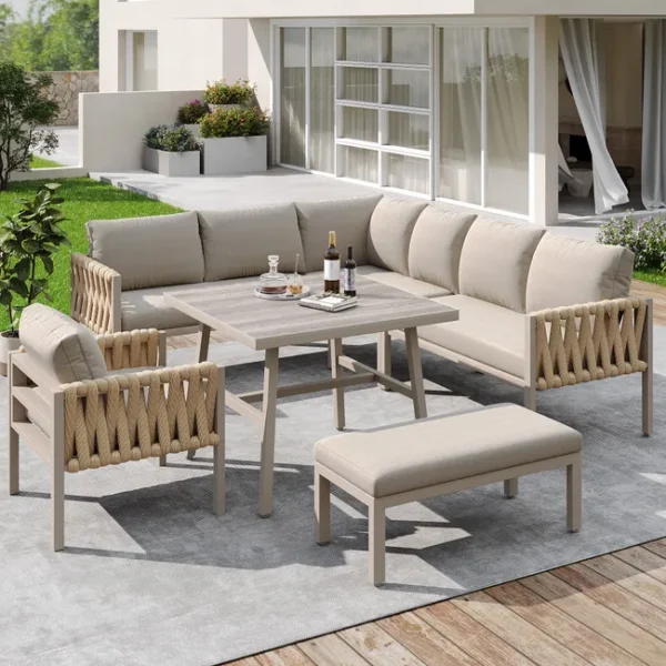 Gartenmöbel-Set mit Tischplatte aus gehärtetem Glas inklusive Sitz- und Rückenkissen – Beige