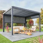Bioklimatische Pergola 3x4 m Anthrazit aus Aluminium mit verstellbaren Lamellen und 2 Seitenrollos – TRIOMPHE