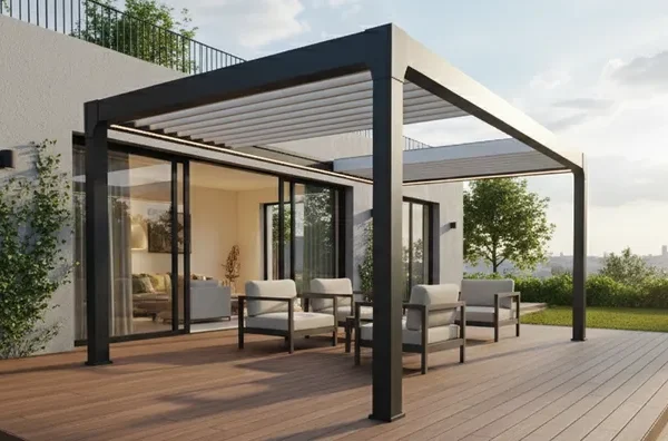 Bioklimatische Pergola ELEA 500 x 300 cm Schwarz – Freistehend, Lamellendach Verstellbar, Aluminium