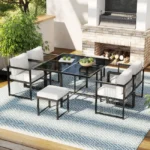 Gartenmöbel-Set aus Metall für 6 Personen – Tisch + 4 Sessel + 2 Hocker – Weiß und Schwarz – Image 5