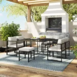 Gartenmöbel-Set aus Metall für 6 Personen – Tisch + 4 Sessel + 2 Hocker – Weiß und Schwarz – Image 3